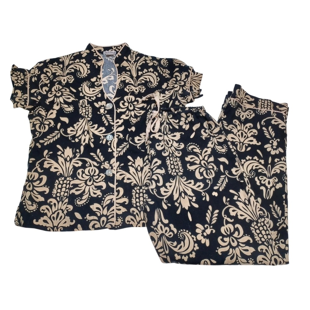 BedHead Pajama Set Womens S Black Tan Floral Cotton Lounge Cozy Sleepwear